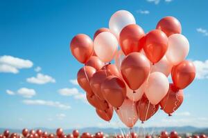 A mesmerizing photo of balloons floating against a blue sky, symbolizing love taking flight and reaching new heights. Generative AI