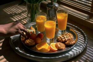 un persona participación un bandeja de desayuno elementos, presentando un prominentemente metido vaso de naranja jugo, exhibiendo sus papel como un vital parte de un bien equilibrado comida. generativo ai foto