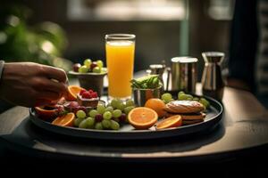 A person holding a tray of breakfast items, featuring a prominently placed glass of orange juice, showcasing its role as a vital part of a well-balanced meal. Generative Ai photo