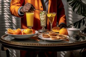 A person holding a tray of breakfast items, featuring a prominently placed glass of orange juice, showcasing its role as a vital part of a well-balanced meal. Generative Ai photo