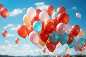 A mesmerizing photo of balloons floating against a blue sky, symbolizing love taking flight and reaching new heights. Generative AI