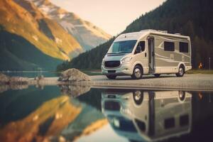 A picturesque image of a unrecognizable motorhome parked by a serene lakeside, showcasing the freedom and tranquility of a motorhome trip in nature. Generative Ai photo