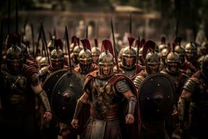 Formation of Roman soldiers in their iconic armor, shields raised, and spears ready, showcasing the might and discipline of the Roman Empire. Generative AI photo