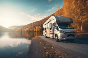 A picturesque image of a unrecognizable motorhome parked by a serene lakeside, showcasing the freedom and tranquility of a motorhome trip in nature. Generative Ai photo