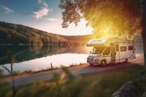 A picturesque image of a unrecognizable motorhome parked by a serene lakeside, showcasing the freedom and tranquility of a motorhome trip in nature. Generative Ai photo