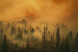 A powerful photograph of a forest engulfed in thick smoke from wildfires, emphasizing the urgent need for forest fire prevention and conservation. Generative Ai photo