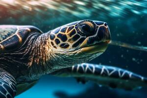 un poderoso submarino Disparo de un el plastico Paja presentado en el fosa nasal de un mar tortuga, servicio como un recordatorio de el perjudicial efectos de de un solo uso plástica. generativo ai foto