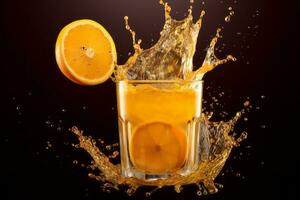A refreshing splash of orange juice caught mid-air, conveying the invigorating and energizing nature of the drink. Generative Ai photo
