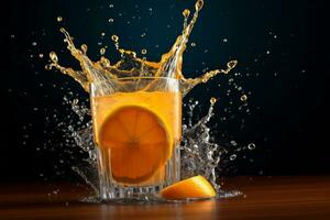 A refreshing splash of orange juice caught mid-air, conveying the invigorating and energizing nature of the drink. Generative Ai photo