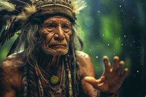 A serene image featuring an indigenous elder or shaman imparting wisdom to younger generations, emphasizing the deep connection with nature and ancestral knowledge. Generative Ai photo