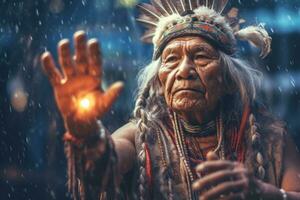 A serene image featuring an indigenous elder or shaman imparting wisdom to younger generations, emphasizing the deep connection with nature and ancestral knowledge. Generative Ai photo