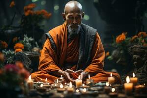 Buddhist monk meditating in a peaceful temple setting, symbolizing inner peace and mindfulness. Generative AI photo