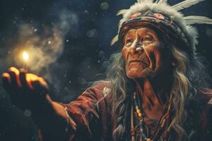 A serene image featuring an indigenous elder or shaman imparting wisdom to younger generations, emphasizing the deep connection with nature and ancestral knowledge. Generative Ai photo