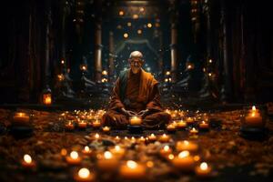 Buddhist monk meditating in a peaceful temple setting, symbolizing inner peace and mindfulness. Generative AI photo