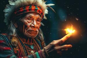 A serene image featuring an indigenous elder or shaman imparting wisdom to younger generations, emphasizing the deep connection with nature and ancestral knowledge. Generative Ai photo