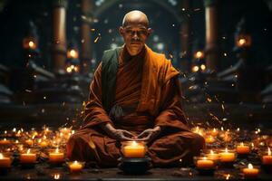 Buddhist monk meditating in a peaceful temple setting, symbolizing inner peace and mindfulness. Generative AI photo