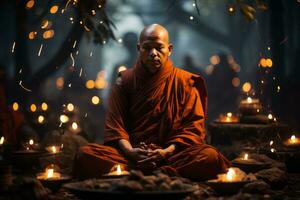 Buddhist monk meditating in a peaceful temple setting, symbolizing inner peace and mindfulness. Generative AI photo