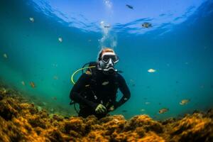 A striking image showcasing the devastating impact of pollution on the underwater world, with a diver surrounded by floating plastic waste and debris. Generative Ai photo