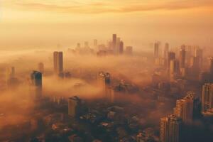 A striking aerial view of a polluted city skyline, with thick smog enveloping the buildings, highlighting the urgent need for clean air initiatives. Generative AI photo