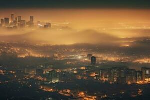 A striking aerial view of a polluted city skyline, with thick smog enveloping the buildings, highlighting the urgent need for clean air initiatives. Generative AI photo