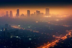 A striking aerial view of a polluted city skyline, with thick smog enveloping the buildings, highlighting the urgent need for clean air initiatives. Generative AI photo