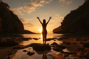 Woman practicing yoga on a secluded beach during a vibrant sunset, embodying the harmony and connection between the body and soul. Generative Ai photo