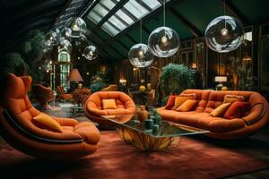 A stylish living room in a '70s mansion featuring vibrant orange and green hues, shag carpets, retro furniture, and a disco ball, evoking the glamour of the era. Generative Ai photo
