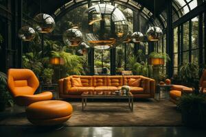 A stylish living room in a '70s mansion featuring vibrant orange and green hues, shag carpets, retro furniture, and a disco ball, evoking the glamour of the era. Generative Ai photo