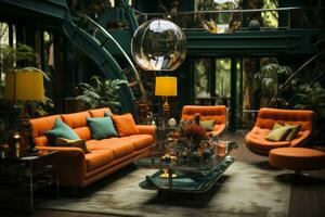 A stylish living room in a '70s mansion featuring vibrant orange and green hues, shag carpets, retro furniture, and a disco ball, evoking the glamour of the era. Generative Ai photo