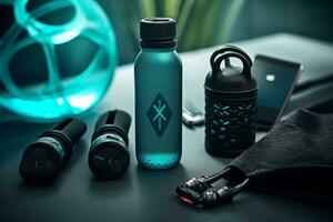 A stylishly designed water bottle filled with mineral water, accompanied by a fitness tracker and workout accessories, representing the intersection of hydration and a healthy lifestyle. Generative Ai photo