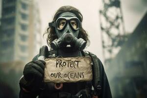 A thought-provoking image of a diver holding a sign that reads 'Protect Our Oceans' amidst a backdrop of pollution, advocating for collective action. Generative Ai photo