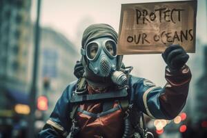 A thought-provoking image of a diver holding a sign that reads 'Protect Our Oceans' amidst a backdrop of pollution, advocating for collective action. Generative Ai photo