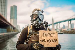 A thought-provoking image of a diver holding a sign that reads 'Protect Our Oceans' amidst a backdrop of pollution, advocating for collective action. Generative Ai photo