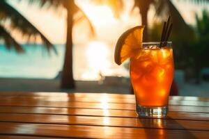 un tropical paraíso ajuste con palma arboles y turquesa aguas, acompañado por un vaso de naranja jugo, evocando un sentido de relajación y escapar. generativo ai foto