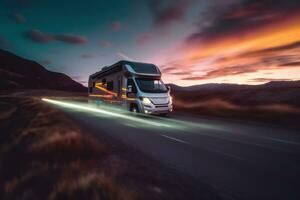 A picturesque image of a unrecognizable motorhome parked by a serene lakeside, showcasing the freedom and tranquility of a motorhome trip in nature. Generative Ai photo