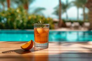 un tropical paraíso ajuste con palma arboles y turquesa aguas, acompañado por un vaso de naranja jugo, evocando un sentido de relajación y escapar. generativo ai foto