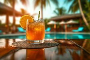 un tropical paraíso ajuste con palma arboles y turquesa aguas, acompañado por un vaso de naranja jugo, evocando un sentido de relajación y escapar. generativo ai foto