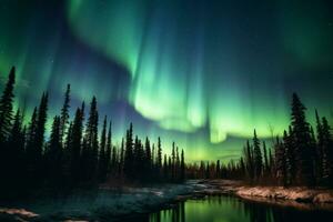 Northern Lights illuminating the night sky over Alaska, capturing the mystical and captivating beauty of this natural phenomenon. Generative AI photo