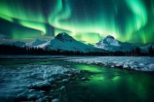 Northern Lights illuminating the night sky over Alaska, capturing the mystical and captivating beauty of this natural phenomenon. Generative AI photo