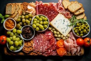 Image showcasing the ingredients for a gourmet charcuterie board, including freshly sliced salami, various cheeses, pickles, olives, and bread, inspiring culinary creativity. Generative Ai photo