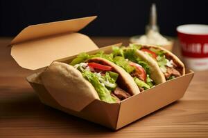 A Doner kebab packaging, featuring a well-presented and appetizing kebab nestled in a to-go box, suitable for food delivery apps and restaurant promotions. Generative AI photo