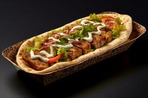 A Doner kebab packaging, featuring a well-presented and appetizing kebab nestled in a to-go box, suitable for food delivery apps and restaurant promotions. Generative AI photo