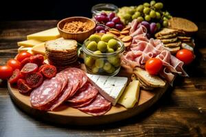 Image showcasing the ingredients for a gourmet charcuterie board, including freshly sliced salami, various cheeses, pickles, olives, and bread, inspiring culinary creativity. Generative Ai photo