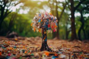 un visualmente sorprendentes imagen de un árbol el plastico desperdiciar, simbolizando el perjudicial efectos de tirar basura y incorrecto residuos disposición en bosques generativo ai foto