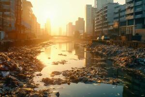 A polluted river flowing through a cityscape, shedding light on the consequences of water pollution in urban areas. Generative Ai photo