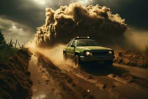 Stunning shot of a tornado chaser vehicle driving towards an approaching tornado, highlighting the bravery and dedication of storm researchers. Generative Ai photo