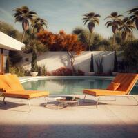 A clean pool deck with stylish furniture, decorative plants, and a well-maintained surrounding area, demonstrating an inviting and aesthetically pleasing poolside atmosphere. Generative Ai photo