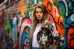 A young fashion model posing against a colorful graffiti wall, showcasing edgy and urban fashion trends with a rebellious flair. Generative Ai photo