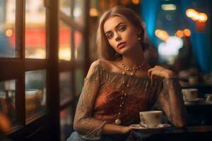 A young model wearing a stylish outfit and accessories, sitting in a trendy cafe, exuding charm and capturing the essence of urban life. Generative Ai photo