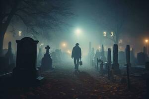 A zombie emerging from a fog-filled graveyard, with moonlight casting an eerie glow, adding a sense of mystery and dread to Halloween advertising. Generative Ai photo